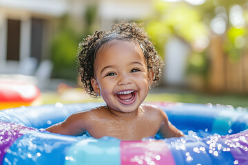 Little black girl enjoys summer cooling off in the water of an inflatable swimming pool. Summer fun and kids.