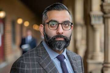 Naklejka premium A professional man with a beard and glasses, dressed in a checked suit, poses confidently in an architectural setting with soft lighting.