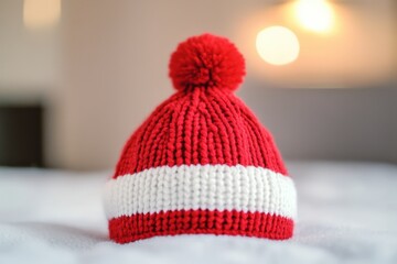 red and white knitted hat with pom pom on a soft surface