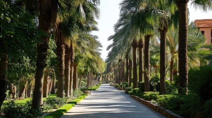 Obraz premium Lush palm trees line a serene street, flanked by vibrant greenery and a peaceful pathway, creating a tropical haven for leisurely walks.