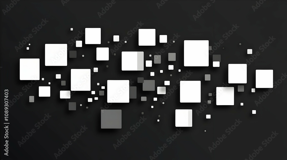 Poster abstract grayscale background with scattered squares of varying sizes, creating a dynamic and modern
