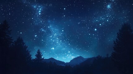 Obraz premium Twinkling stars illuminate a serene night sky, showcasing the Ursa Major constellation amidst silhouetted mountain peaks and dense treetops.