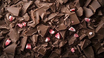 Rustic chocolate surface with shattered chocolate bark scattered with vibrant red and white peppermint bits for a festive look.
