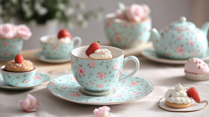 Floral Pastel Teacup Set with Desserts Displayed