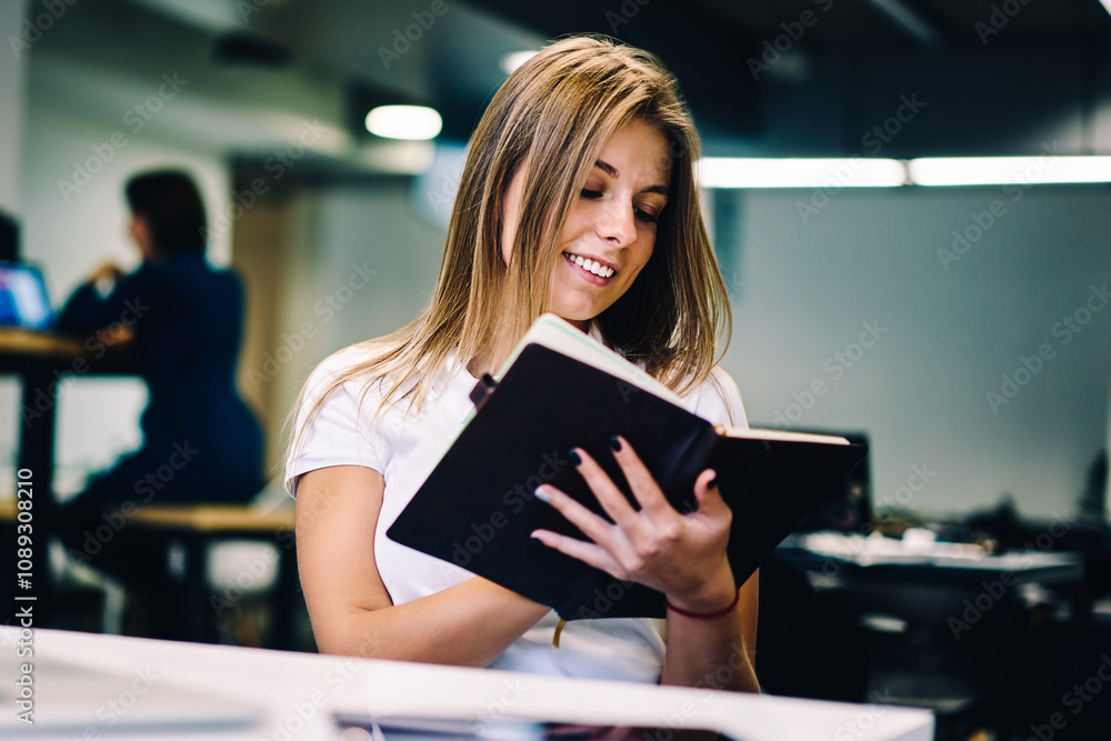 Aufkleber smiling hipster girl holding notepad checking items in to do list satisfied with completing tasks in