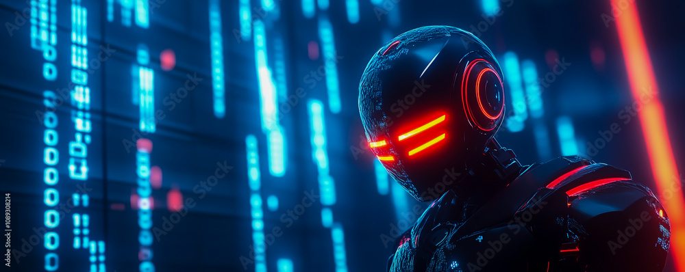 Poster a futuristic robot with glowing red eyes symbolizes advanced technology used by artificial intellige
