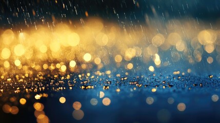 Naklejka premium Glistening water surface reflecting golden and blue hues with shimmering droplets in a dreamy, abstract bokeh effect.