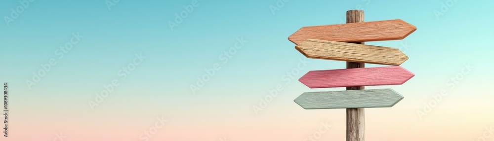 Poster a colorful wooden signpost with multiple arrows pointing in different directions against a soft grad