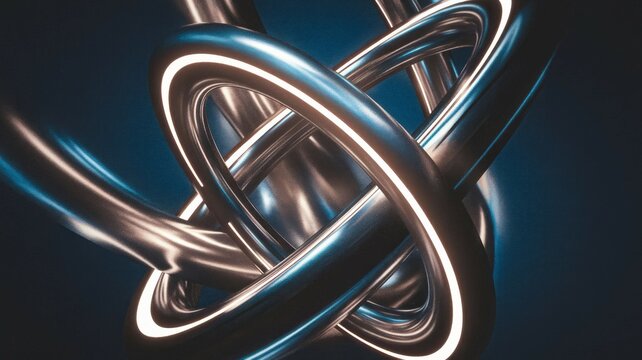 Abstract metal rings. Intertwined metallic rings;  symbolizes connection, complexity, and innovation.  Glowing edges add a futuristic feel.