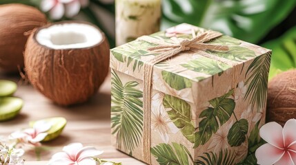 Tropical Gift Box Adorned with Leaf Print and Twine Surrounded by Coconut Drinks and Floral Arrangements for an Exotic Gift Experience