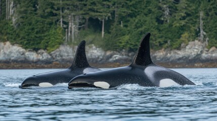 Fototapeta premium Majestic Killer Whales swimming gracefully in calm waters, surrounded by lush green forests, showcasing their beauty and power in their natural habitat.