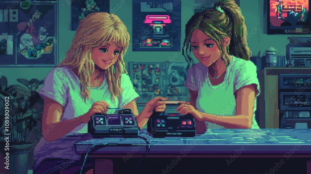 Poster retro anime pixel art of two characters playing retro video games on a pixelated console.