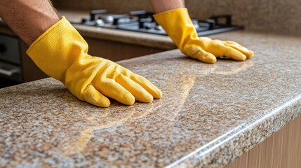 Inspecting Granite Countertop: A Close-up View of Hands in Yellow Gloves Gently Touching a Luxurious Kitchen Surface