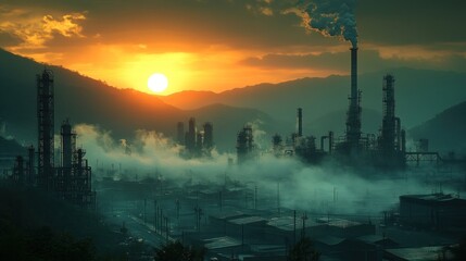 Fototapeta premium Industrial sunset with smoke and smog.