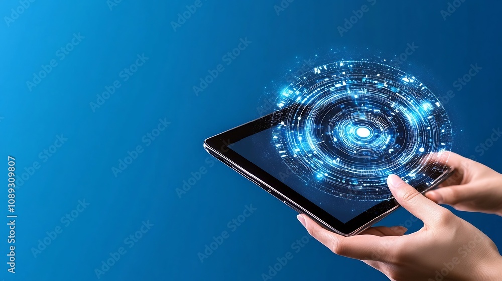 Poster tablet displaying video conferencing app highlighting virtual connectivity