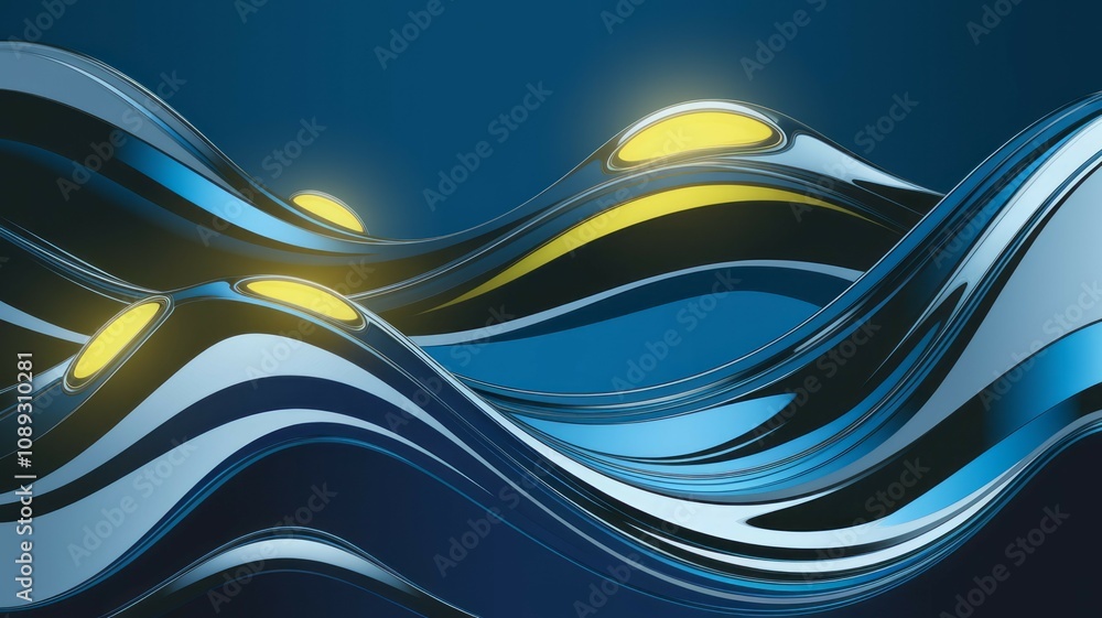 Poster blue abstract waves design. fluid dynamic curves flow, symbolizing energy and motion. bright accents