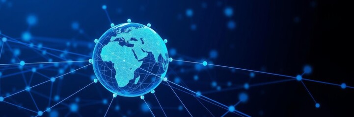 Futuristic global communication network concept on blue tech background, communication, 3d render, global
