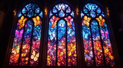 Stained Glass Window with Butterfly Motifs