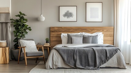 Fototapeta premium Elegant and Cozy Modern Bedroom Interior Design with Stylish Decor, mockup, poster and Background