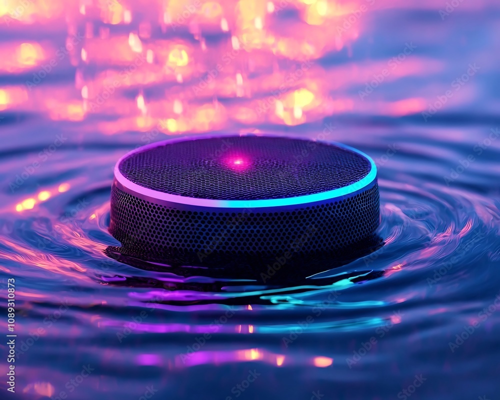 Poster glowing neon speaker floating in a virtual ocean with colorful sound wave ripples