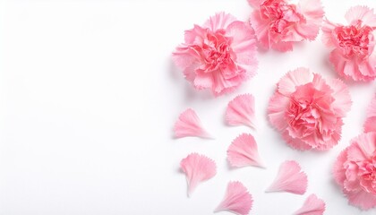 Fototapeta premium Closeup of Blooming Carnation Flowers and Petals Isolated on White Background. Top View of Flower with Empty Space.