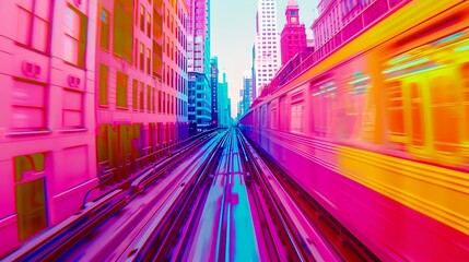 A vibrant, abstract view of elevated train tracks amidst a colorful cityscape.