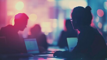 A team of IT experts engaged in a hackathon event. Teamwork in a blurred background with copy space.
