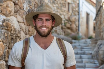 A smiling man in a hat stands against a stone wall, showcasing a relaxed, adventurous vibe in a charming outdoor setting.