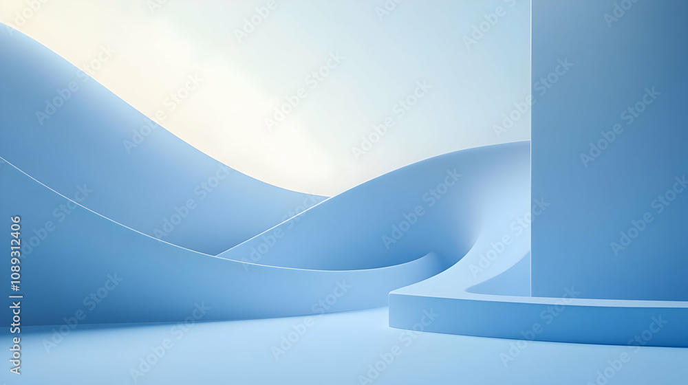 Poster abstract light blue 3d rendering of smooth, curved walls and platforms creating a minimalist, modern