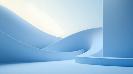 Abstract light blue 3D rendering of smooth, curved walls and platforms creating a minimalist, modern architectural design.