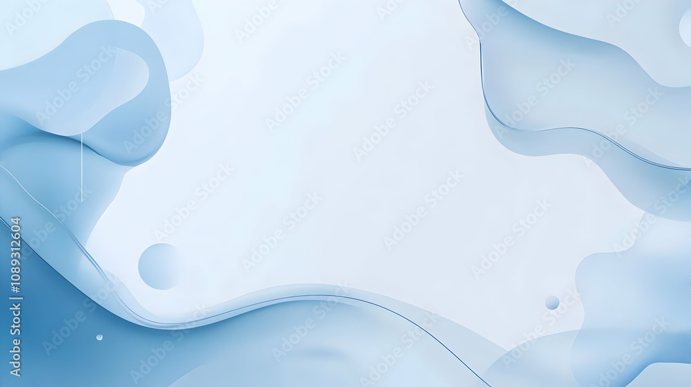 Poster abstract light blue background with flowing, wavy shapes and small circles, creating a modern and el