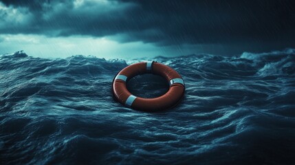 Lifebuoy Floating in Stormy Sea Waves
