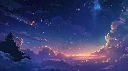 Fototapeta premium A Christmas vector design featuring a Santa sleigh flying over a starry sky.
