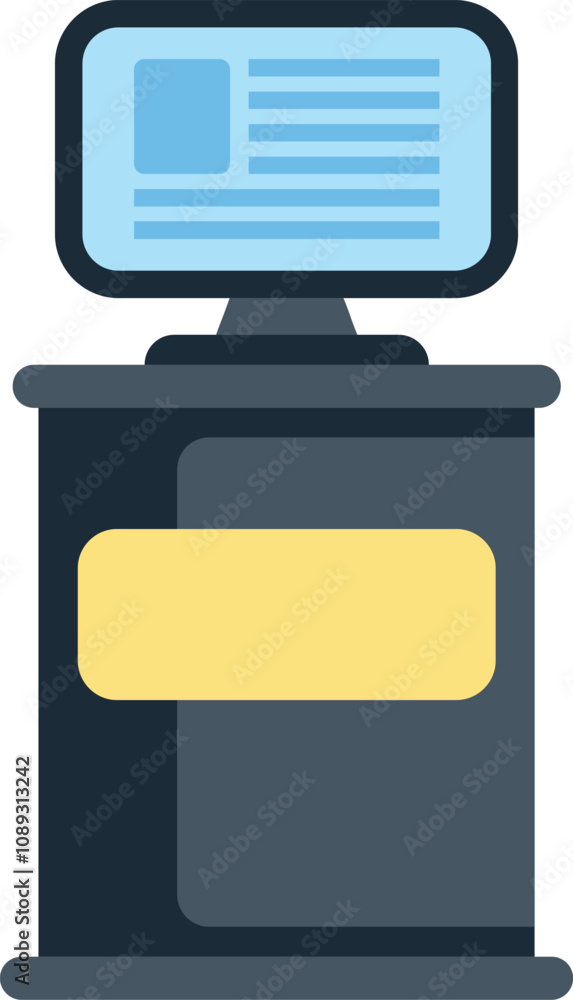 Poster interactive digital kiosk showing promotional information on a display screen standing on a white ba