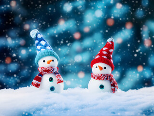 Fototapeta premium Two adorable snowmen wearing colorful hats and scarves standing on snow with a dreamy bokeh background of blue lights. Perfect for Christmas, winter, festive decorations, and holiday-themed designs
