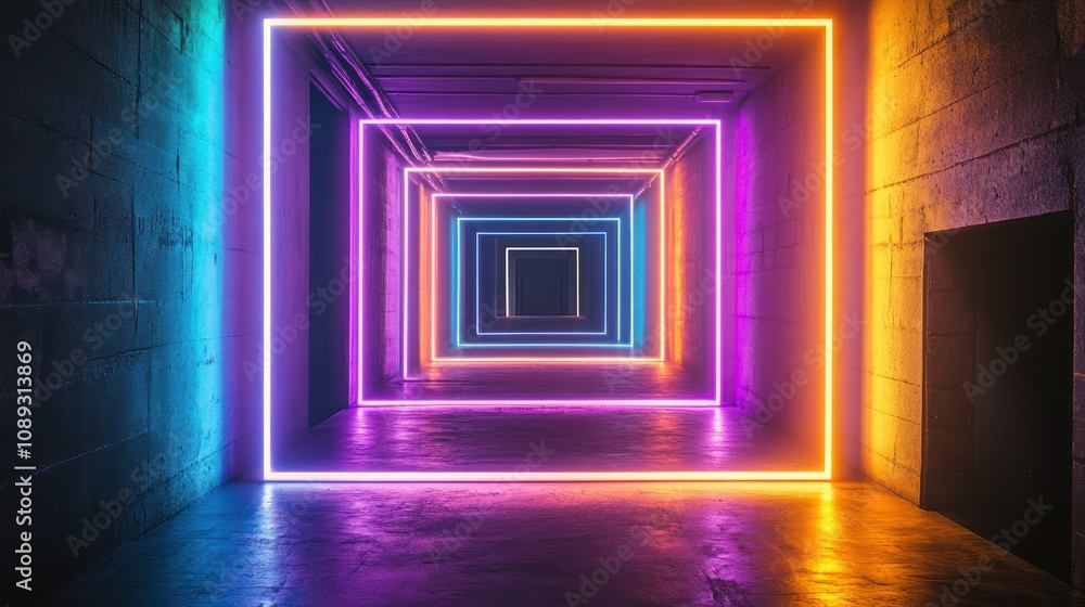 Poster a vibrant, illuminated corridor featuring neon rectangular frames in a dark setting.