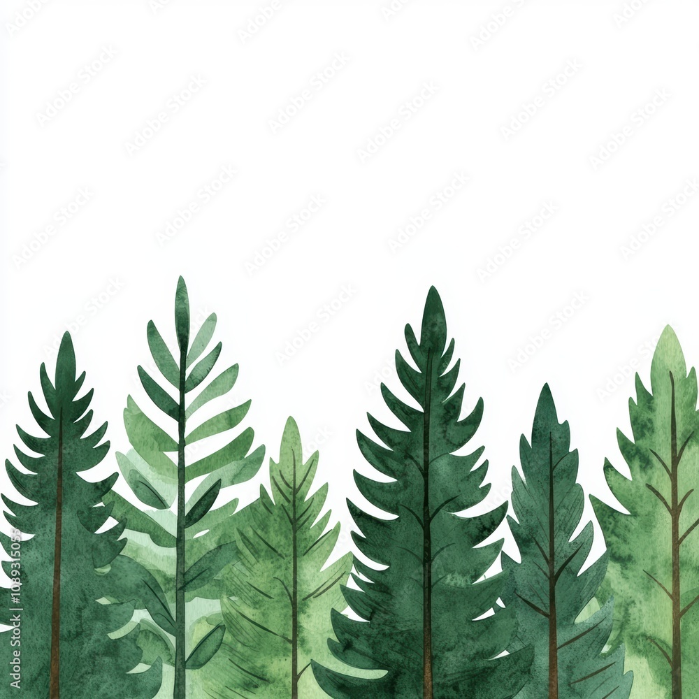 Poster a painting of a forest with trees of various sizes