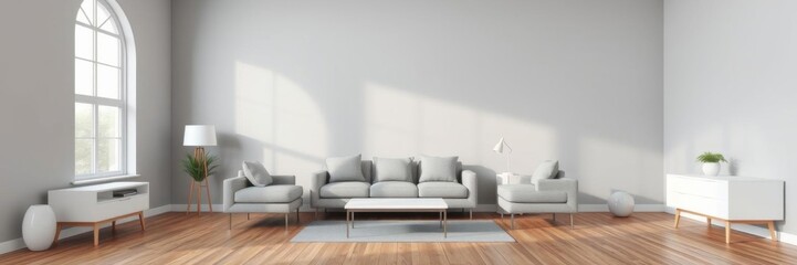Modern gray sofa with clean lines and tufted cushions standing on a sleek wooden floor, 3D render, home, design