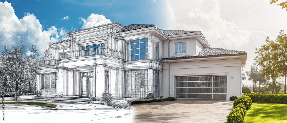 Poster a split image showing a house design blueprint alongside the finished architectural structure.