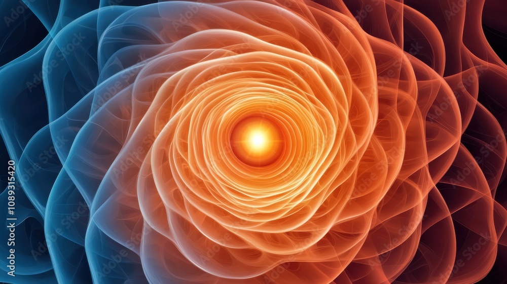Poster a vibrant, swirling pattern of blue and orange hues converging around a central glowing core, creati