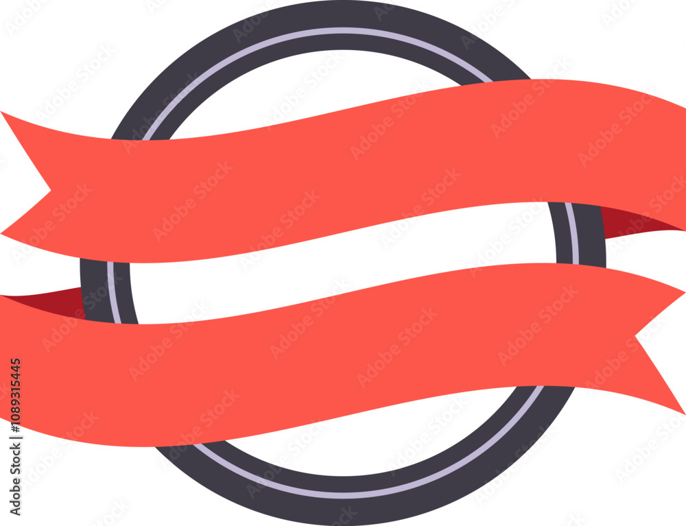 Poster two elegant waving red ribbons are wrapping a circular frame with a thin gray border and blank white