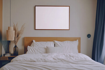 Cozy bedroom with a minimalist design featuring a wooden bed and neutral decor