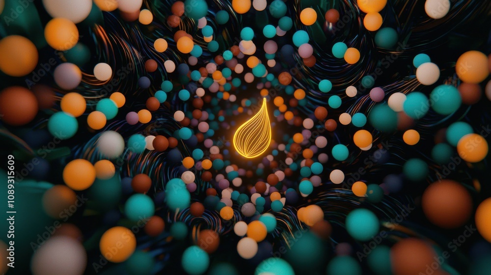 Poster a vibrant, abstract design featuring colorful spheres surrounding a luminous drop shape, creating a 