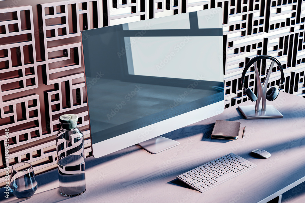 Poster Contemporary designer workplace with decorative ornamental wall, various small objects and big computer monitor with mock up place. 3D Rendering.