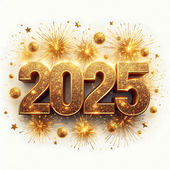 Golden 2025 in shiny texture, isolated on white background