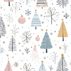 Seamless pattern featuring hand-drawn Christmas trees, snowflakes, and festive ornaments in soft pastel tones with white background, perfect for wrapping paper and seasonal designs.