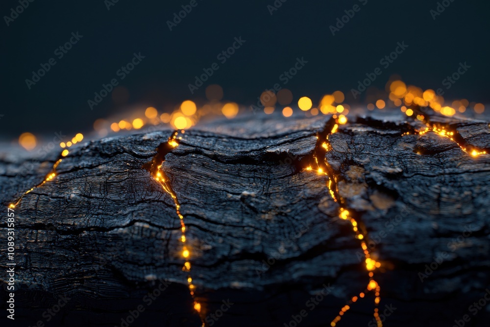 Aufkleber a close-up of a textured log illuminated by warm, glowing lights, creating a cozy and enchanting atm