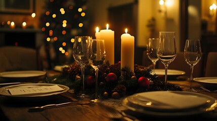 Elegant Christmas dinner table with candlelight and festive decorations, ready for celebration