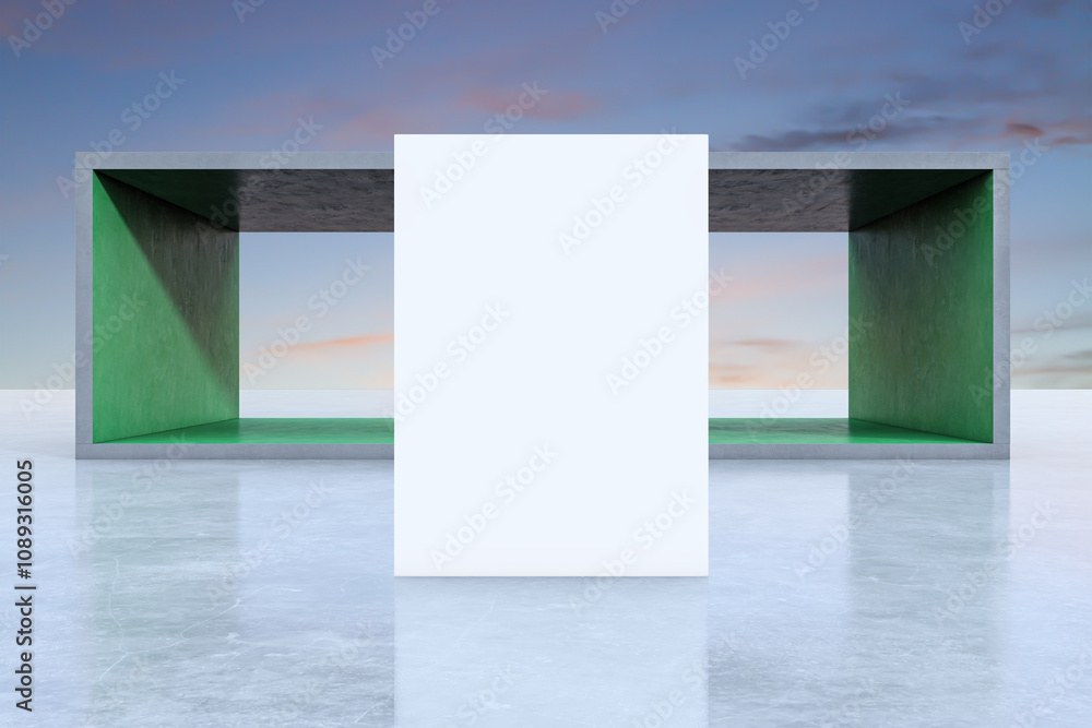 Poster abstract concrete exhibition space with empty white mock up billboard and sunset sky background. cre