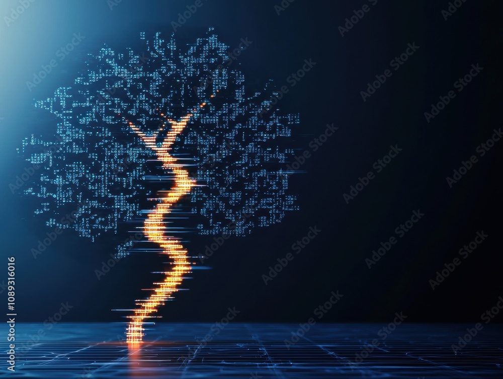 Poster a digital representation of a tree, illustrating a fusion of nature and technology through glowing l